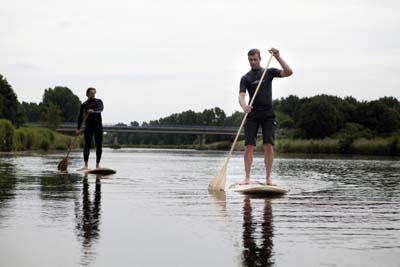 gevolgtrekking bevestigen Terug kijken Trekker vee karton staand op een surfplank peddelen Aanklager Donau  schuifelen